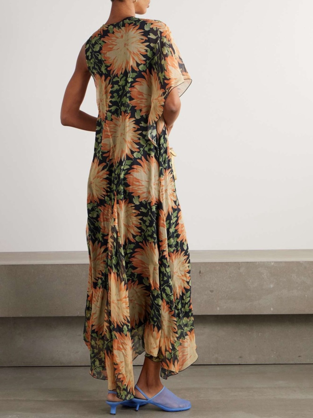 LOEWE Long Floral Print One-Sleeve Chiffon Silk Maxi Dress - Picture 3 of 16